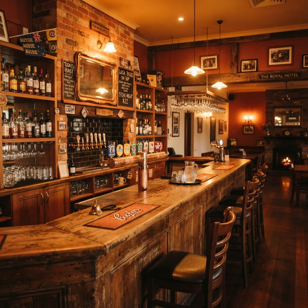 Warm pub bar interior with wooden counter, beer taps and amber lighting