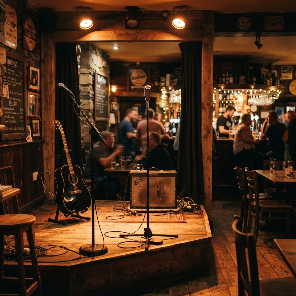 Intimate live music stage setup with microphone, guitar stand, stage lights and amplifier