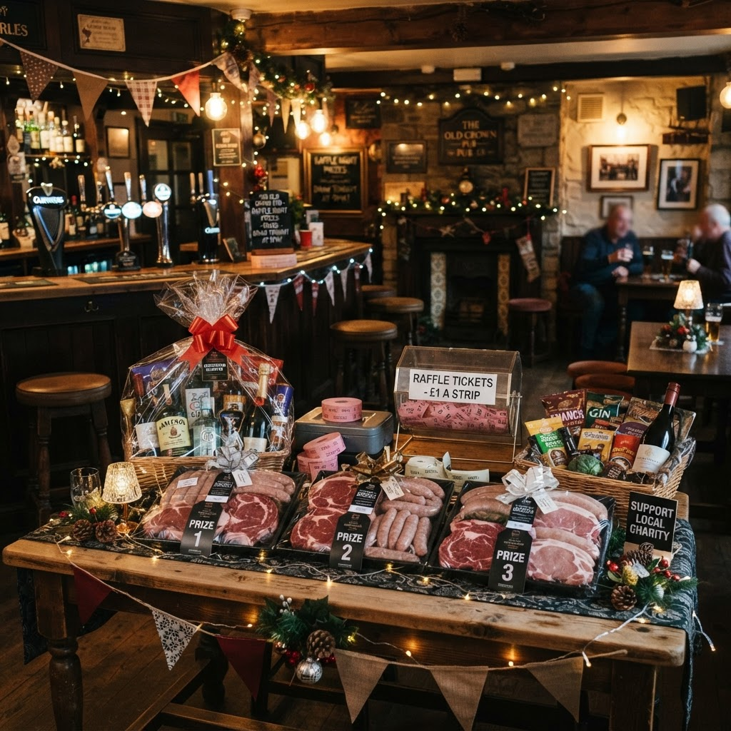 Pub raffle prizes display with premium meat trays, gift baskets and festive setting